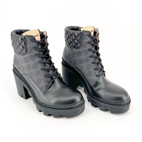 Gucci Apollo GG Monogram Combat Boots EU 38 US 8 Black Leather Canvas Samoa Trip - Picture 1 of 12